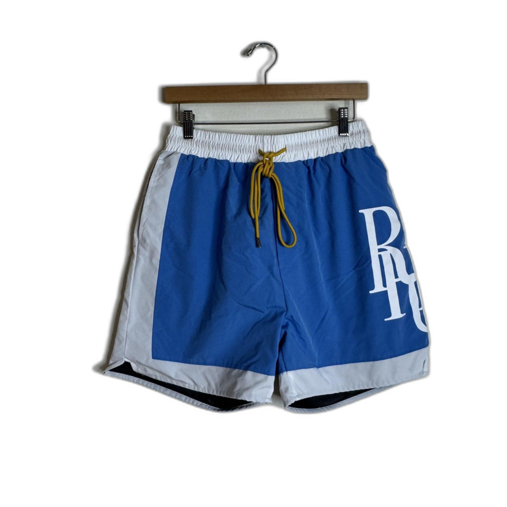 RHUDE Shorts Mens Medium Blue Colorblock Logo Swim Trunks‎ Drawstring Lined Mesh